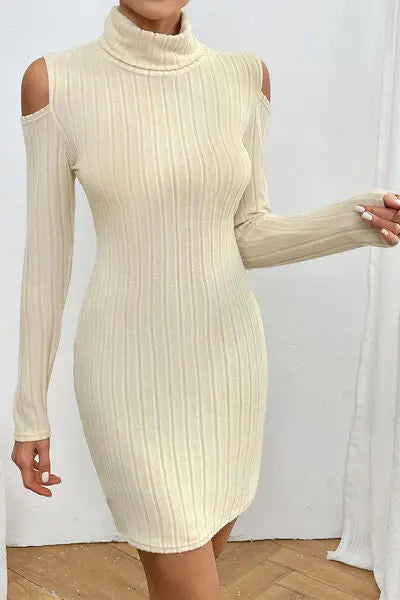 Blue Zone Planet |  Ribbed Turtleneck Cold Shoulder Long Sleeve Mini Dress BLUE ZONE PLANET