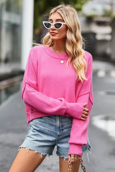 Blue Zone Planet |  Round Neck Drop Shoulder Long Sleeve Sweater BLUE ZONE PLANET