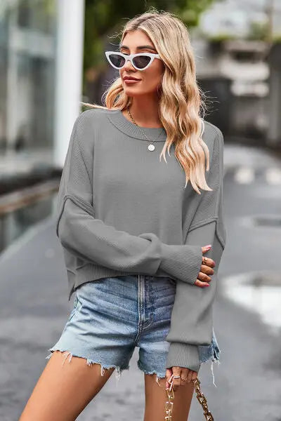 Blue Zone Planet |  Round Neck Drop Shoulder Long Sleeve Sweater BLUE ZONE PLANET