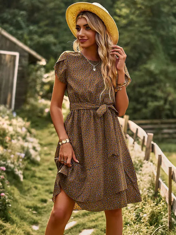 Blue Zone Planet |  Round neck dress tie waist clothing BLUE ZONE PLANET