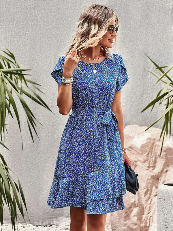 Blue Zone Planet |  Round neck dress tie waist clothing BLUE ZONE PLANET