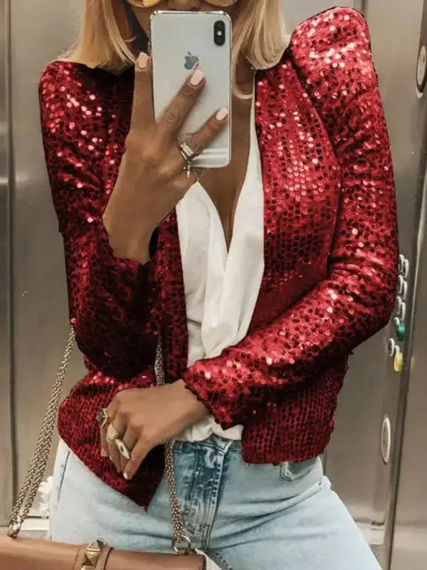 Blue Zone Planet |  Round neck solid color sequined short coat BLUE ZONE PLANET
