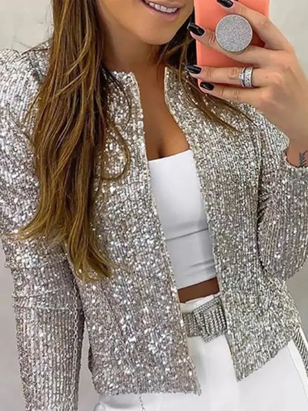 Blue Zone Planet |  Round neck solid color sequined short coat BLUE ZONE PLANET