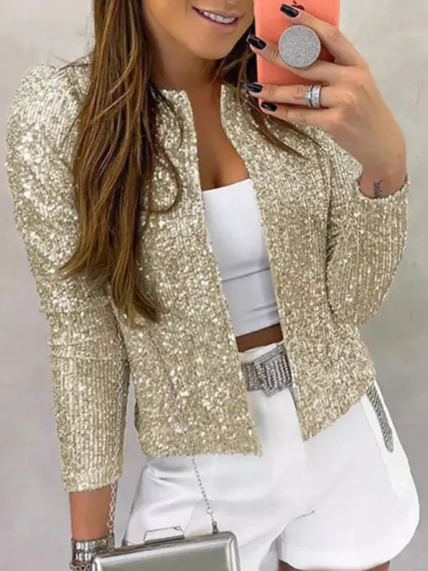 Blue Zone Planet |  Round neck solid color sequined short coat BLUE ZONE PLANET