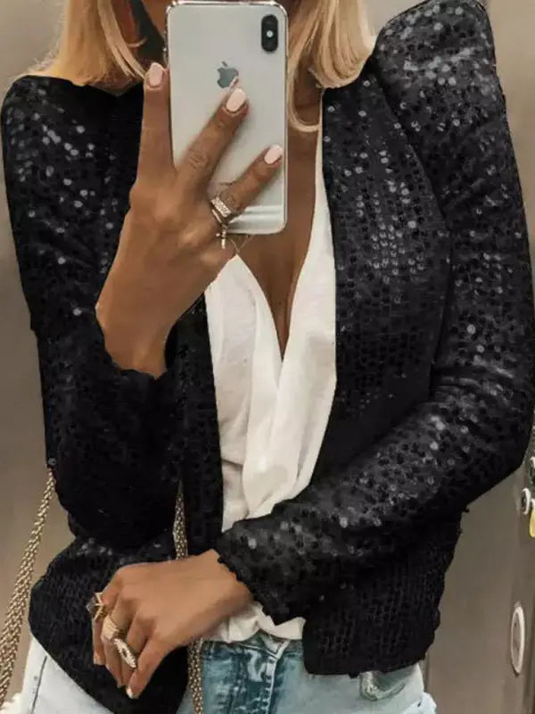 Blue Zone Planet |  Round neck solid color sequined short coat BLUE ZONE PLANET
