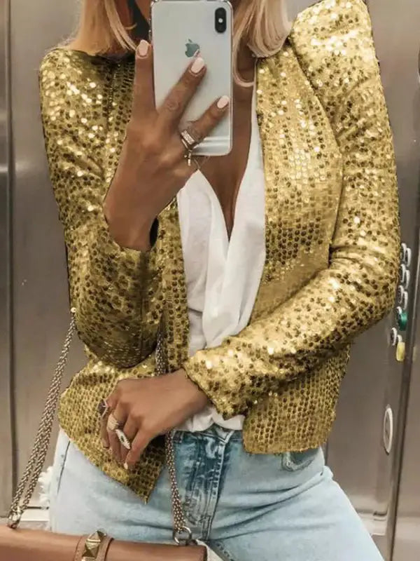 Blue Zone Planet |  Round neck solid color sequined short coat BLUE ZONE PLANET