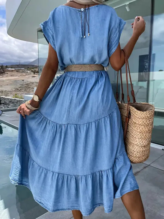 Blue Zone Planet |  Round neck solid color waisted mini dress BLUE ZONE PLANET