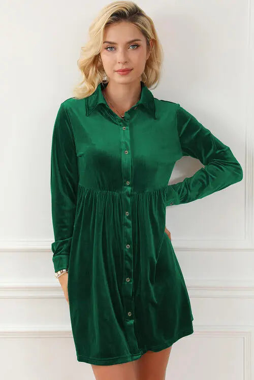 Blue Zone Planet |  Ruched Button Up Collared Neck Long Sleeve Shirt Dress BLUE ZONE PLANET