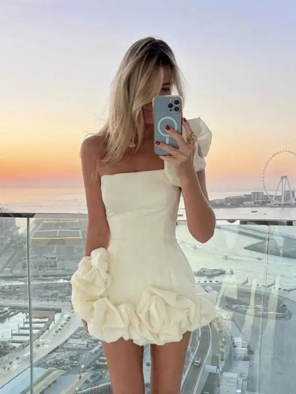 Blue Zone Planet |  Ruffled Bud Waist One Shoulder Tube Top Mini Dress BLUE ZONE PLANET