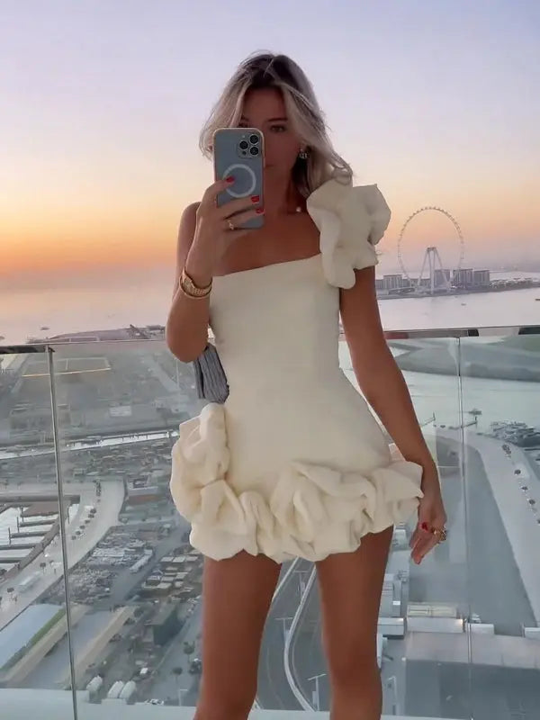 Blue Zone Planet |  Ruffled Bud Waist One Shoulder Tube Top Mini Dress BLUE ZONE PLANET