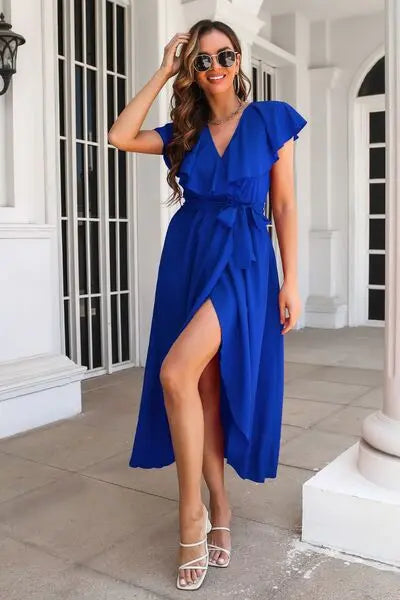 Blue Zone Planet |  Ruffled Surplice Tie Waist Slit Midi Dress BLUE ZONE PLANET