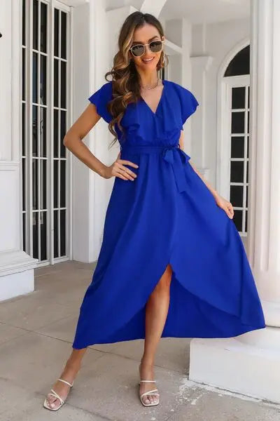 Blue Zone Planet |  Ruffled Surplice Tie Waist Slit Midi Dress BLUE ZONE PLANET
