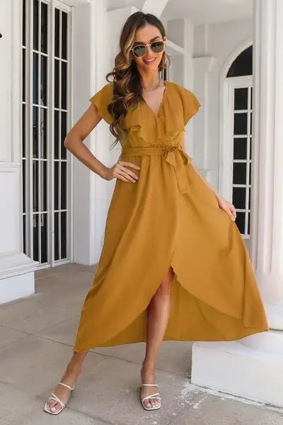 Blue Zone Planet |  Ruffled Surplice Tie Waist Slit Midi Dress BLUE ZONE PLANET