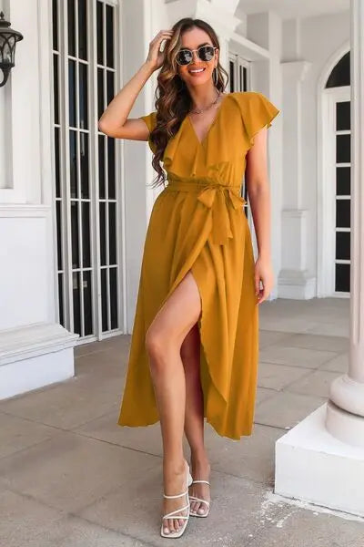 Blue Zone Planet |  Ruffled Surplice Tie Waist Slit Midi Dress BLUE ZONE PLANET