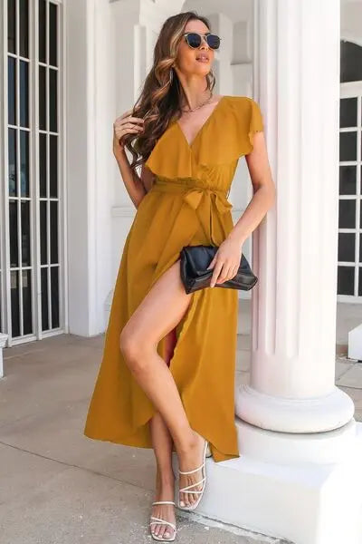 Blue Zone Planet |  Ruffled Surplice Tie Waist Slit Midi Dress BLUE ZONE PLANET