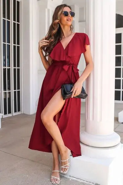 Blue Zone Planet |  Ruffled Surplice Tie Waist Slit Midi Dress BLUE ZONE PLANET
