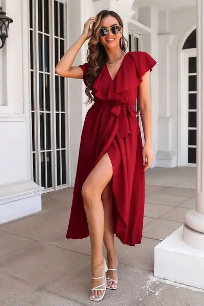 Blue Zone Planet |  Ruffled Surplice Tie Waist Slit Midi Dress BLUE ZONE PLANET