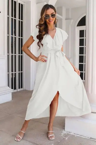 Blue Zone Planet |  Ruffled Surplice Tie Waist Slit Midi Dress BLUE ZONE PLANET