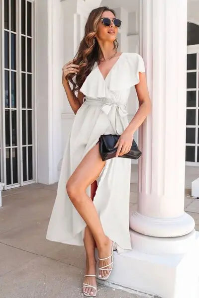 Blue Zone Planet |  Ruffled Surplice Tie Waist Slit Midi Dress BLUE ZONE PLANET
