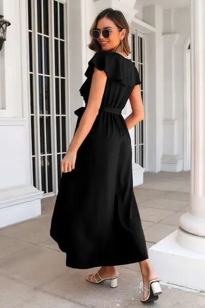 Blue Zone Planet |  Ruffled Surplice Tie Waist Slit Midi Dress BLUE ZONE PLANET