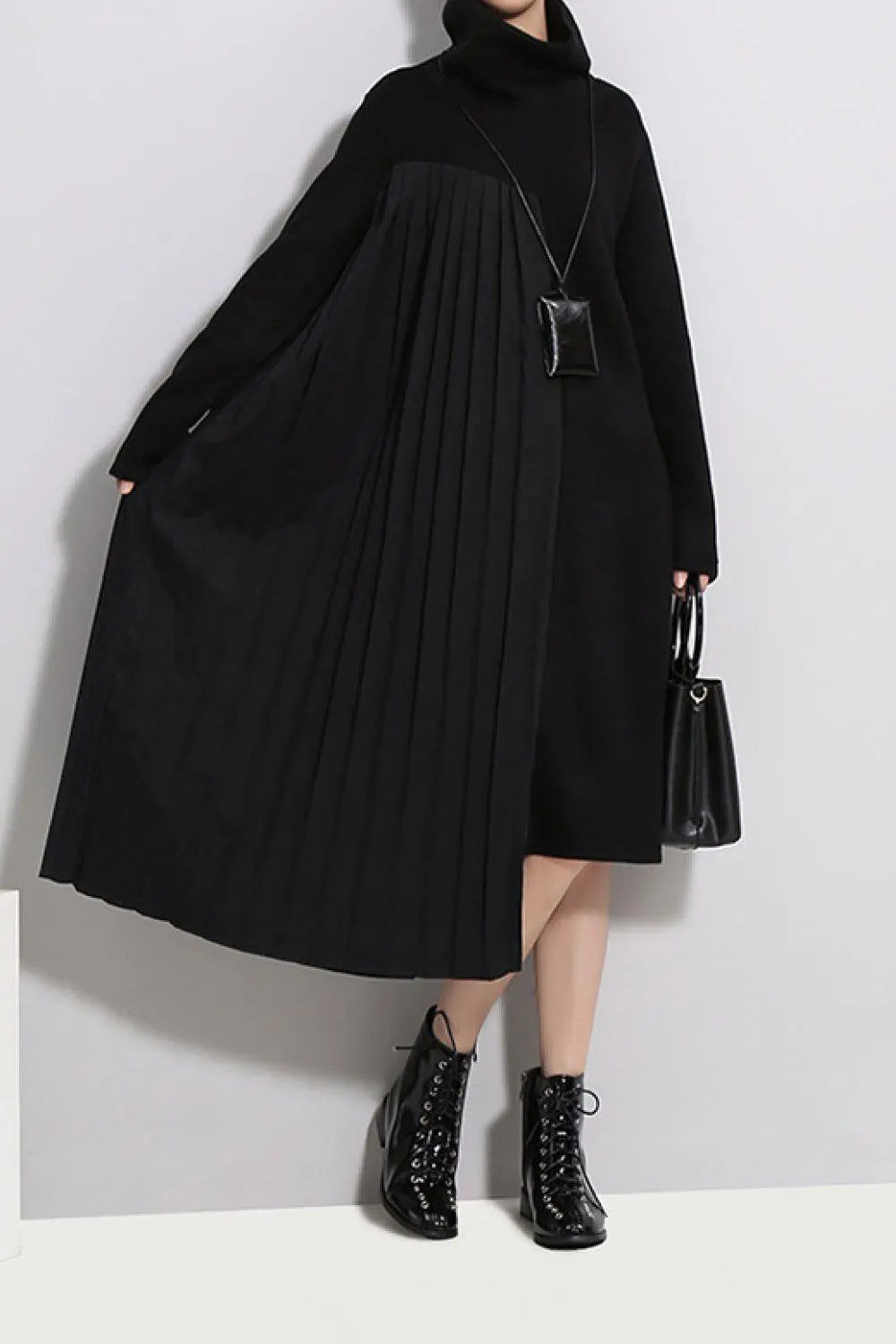 Blue Zone Planet |  STELLA MARINA COLLEZIONE Pleated Funnel Neck Midi Sweater Dress BLUE ZONE PLANET