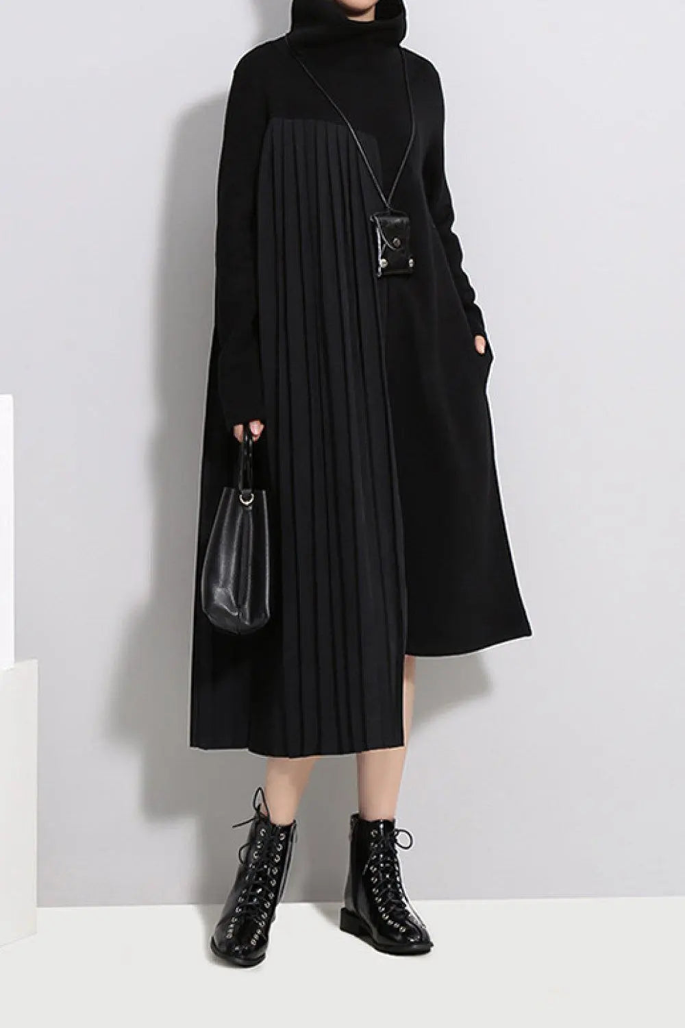 Blue Zone Planet |  STELLA MARINA COLLEZIONE Pleated Funnel Neck Midi Sweater Dress BLUE ZONE PLANET