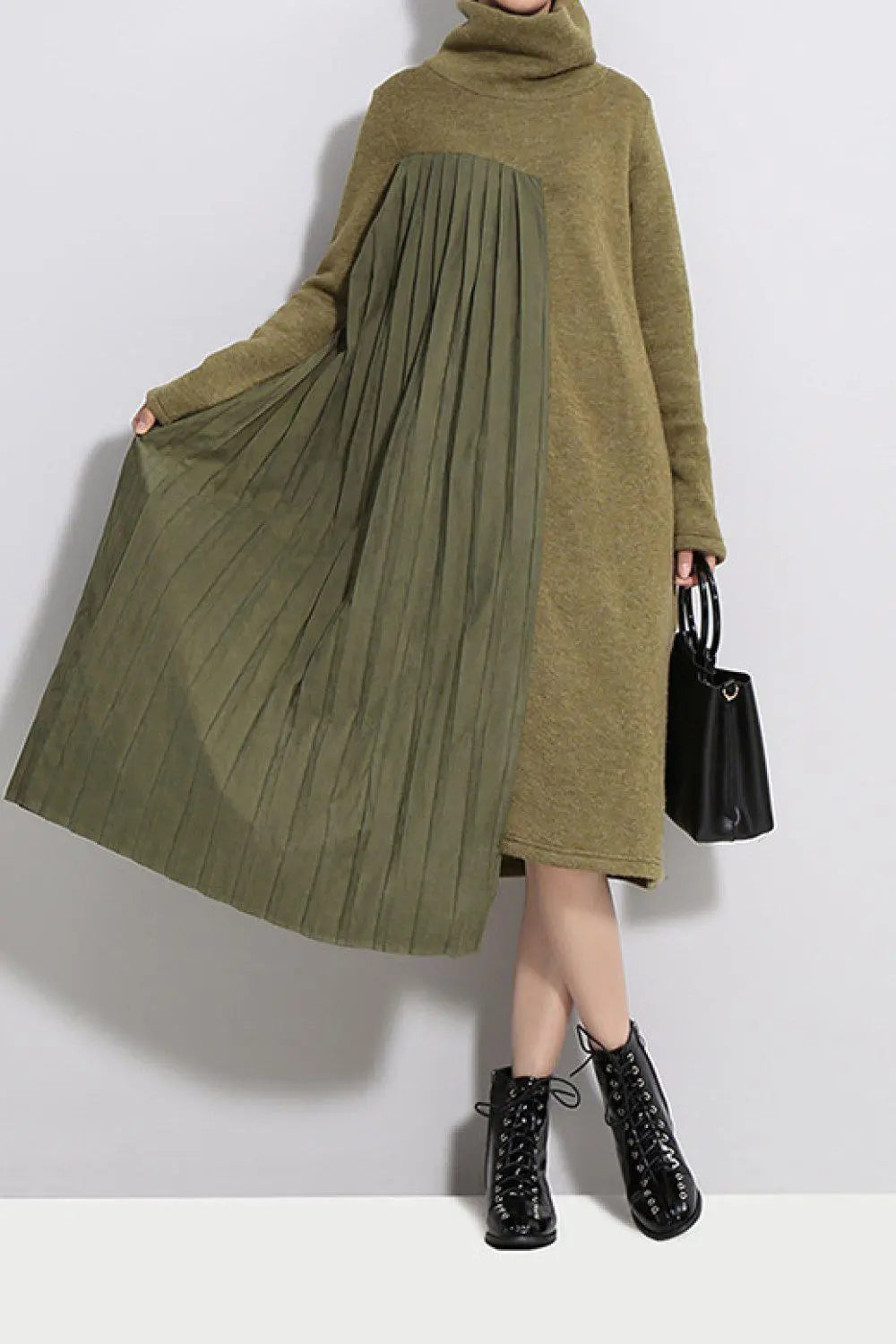 Blue Zone Planet |  STELLA MARINA COLLEZIONE Pleated Funnel Neck Midi Sweater Dress BLUE ZONE PLANET