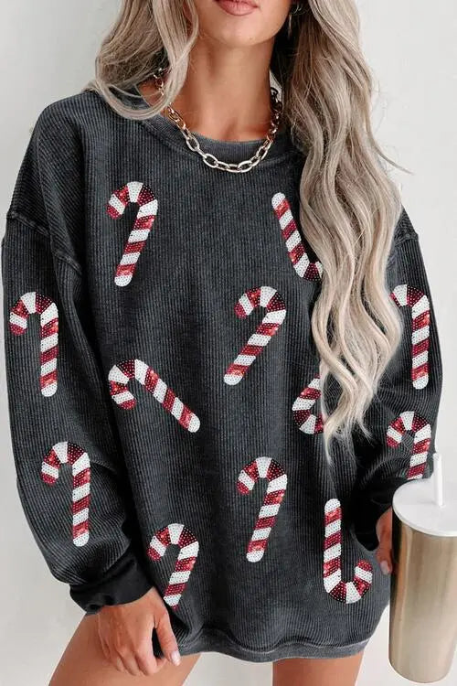 Blue Zone Planet |  Sequin Candy Cane Round Neck Sweatshirt BLUE ZONE PLANET