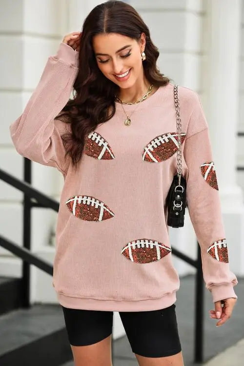 Blue Zone Planet |  Sequin Football Patch Corduroy Sweatshirt BLUE ZONE PLANET