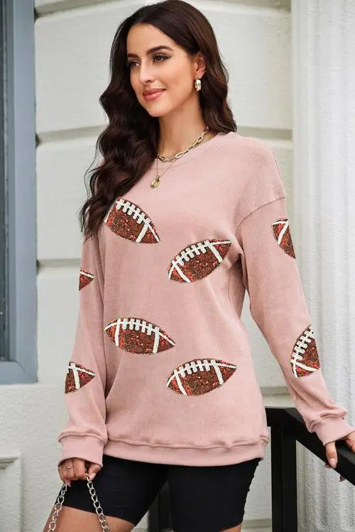 Blue Zone Planet |  Sequin Football Patch Corduroy Sweatshirt BLUE ZONE PLANET
