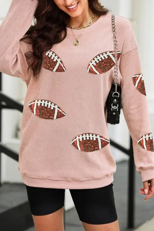 Blue Zone Planet |  Sequin Football Patch Corduroy Sweatshirt BLUE ZONE PLANET