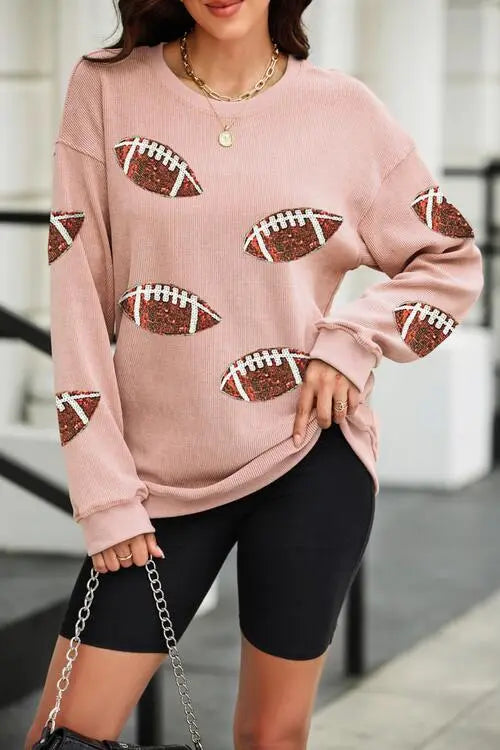 Blue Zone Planet |  Sequin Football Patch Corduroy Sweatshirt BLUE ZONE PLANET