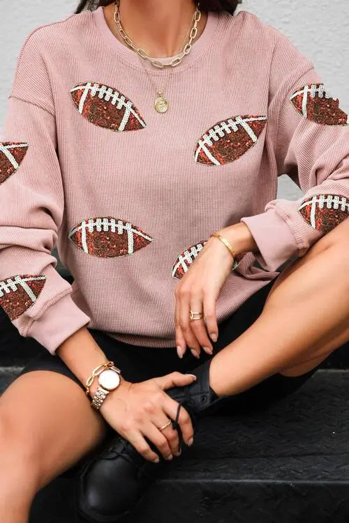 Blue Zone Planet |  Sequin Football Patch Corduroy Sweatshirt BLUE ZONE PLANET