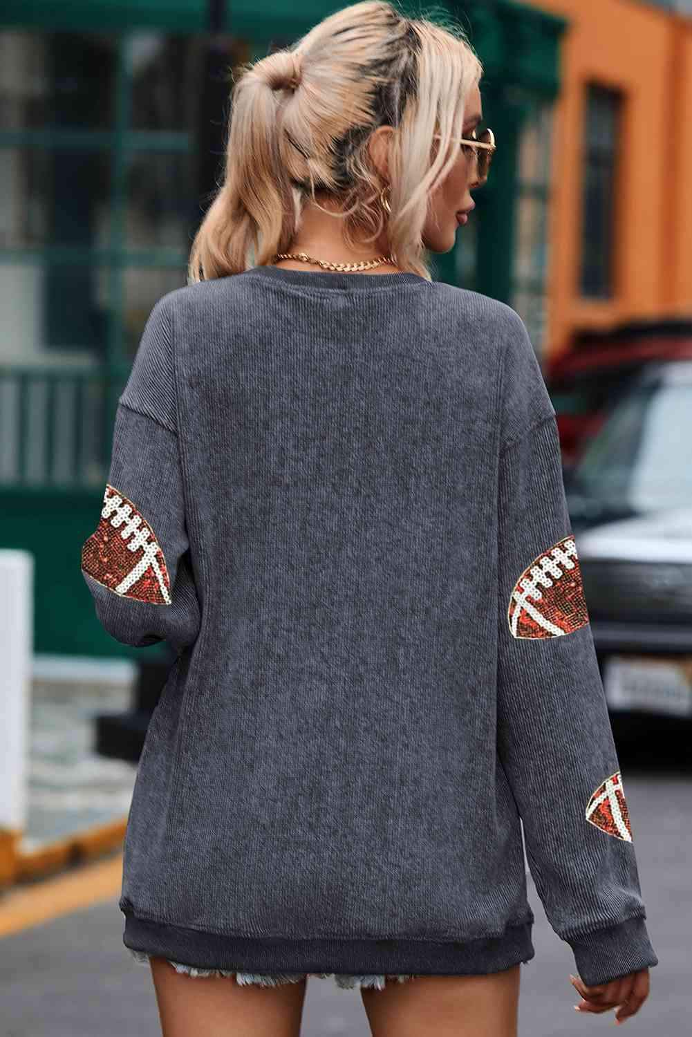 Blue Zone Planet |  Sequin Football Patch Corduroy Sweatshirt BLUE ZONE PLANET