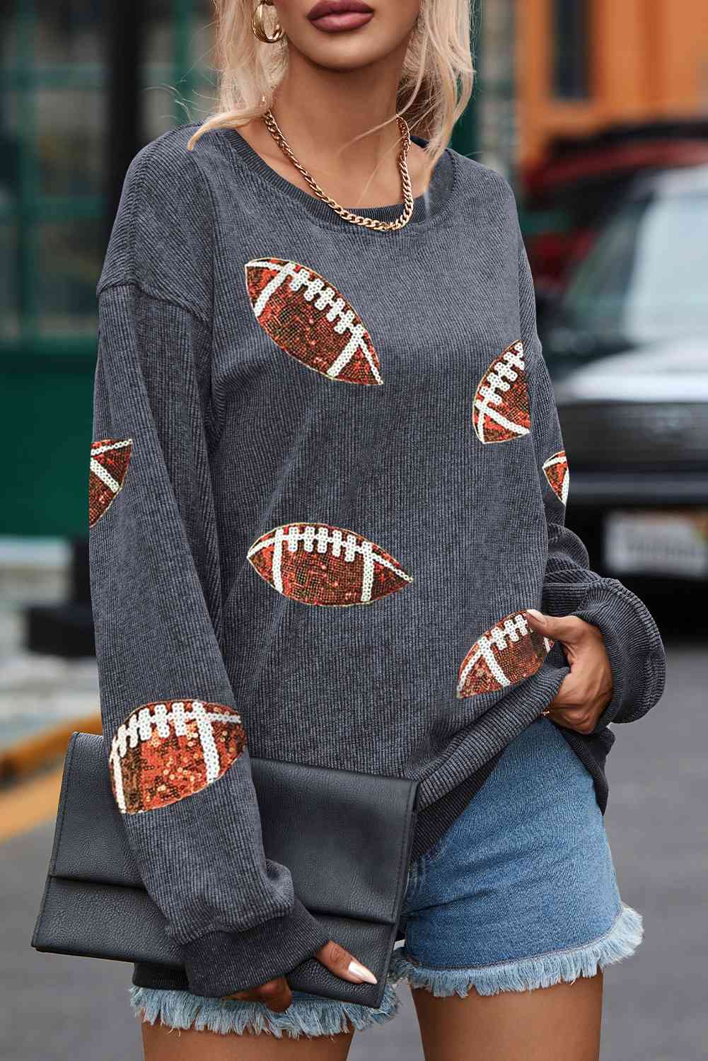 Blue Zone Planet |  Sequin Football Patch Corduroy Sweatshirt BLUE ZONE PLANET
