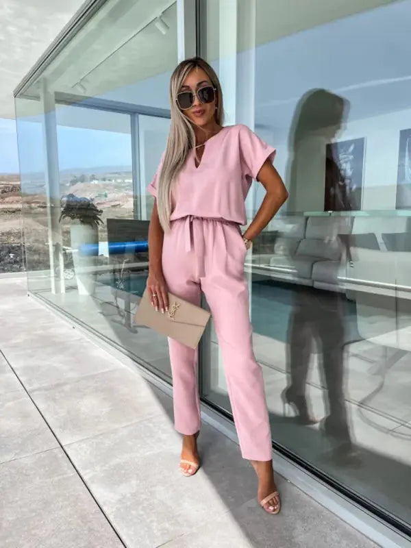 Blue Zone Planet |  Short-sleeved V-neck slip pocket elastic waist tie-up pencil pants cropped jumpsuit BLUE ZONE PLANET