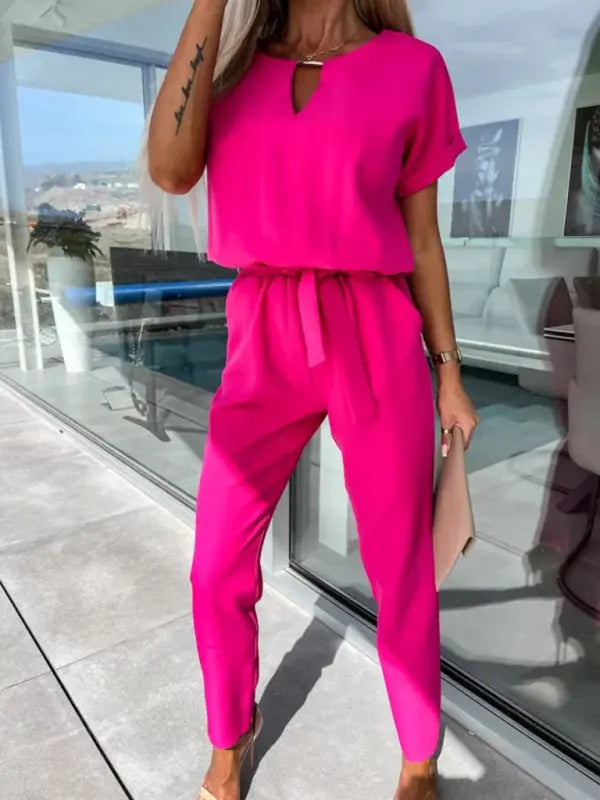 Blue Zone Planet |  Short-sleeved V-neck slip pocket elastic waist tie-up pencil pants cropped jumpsuit BLUE ZONE PLANET