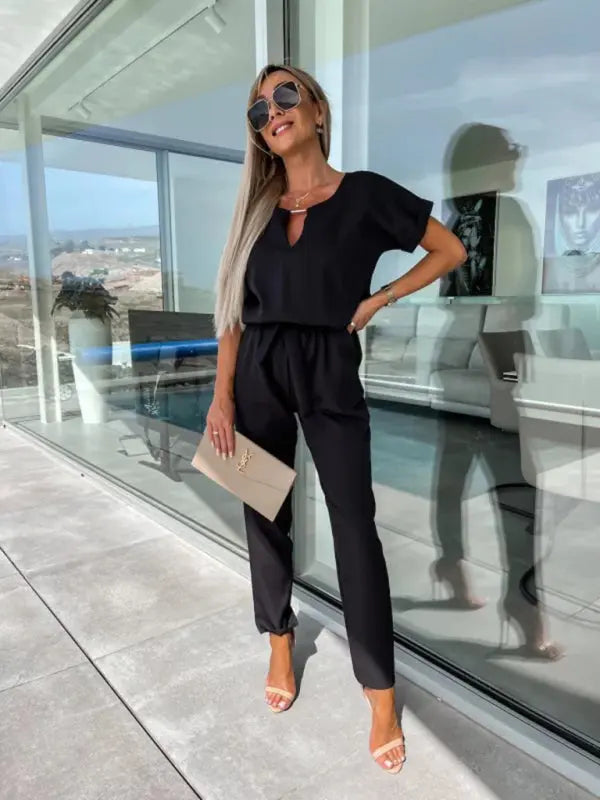 Blue Zone Planet |  Short-sleeved V-neck slip pocket elastic waist tie-up pencil pants cropped jumpsuit BLUE ZONE PLANET