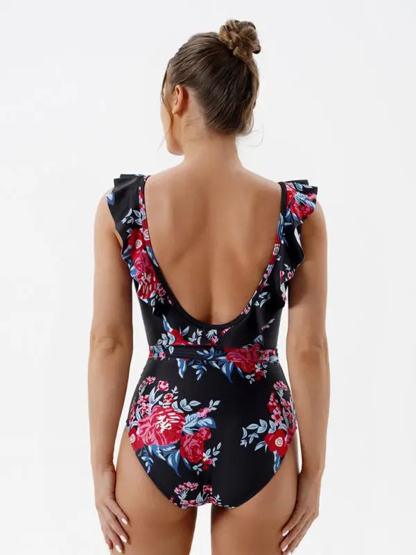 Blue Zone Planet |  Skinny Backless Floral Print One Piece Swimsuit BLUE ZONE PLANET
