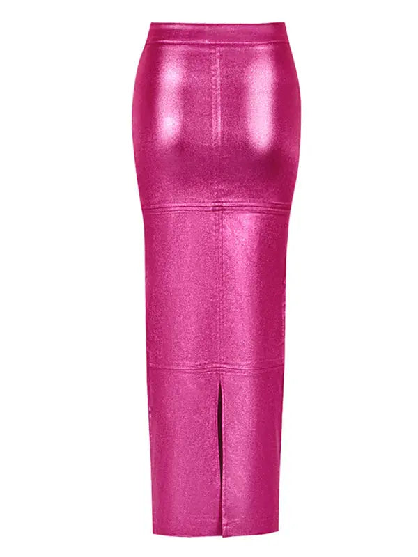 Blue Zone Planet |  Slim Fit Hip Covering Spliced Slit PU Leather Skirt BLUE ZONE PLANET