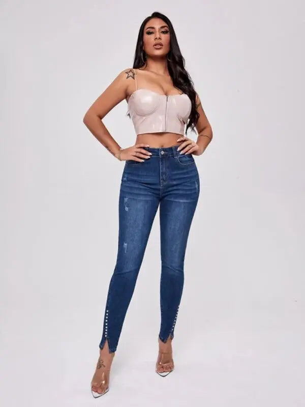 Blue Zone Planet |  Slit Beaded Stitching Slim High Waist Stretch Jeans BLUE ZONE PLANET