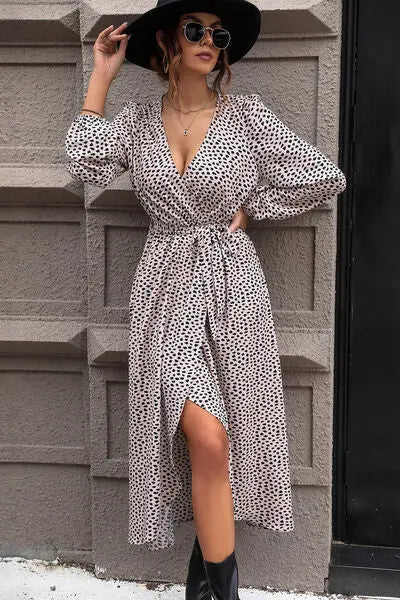 Blue Zone Planet |  Slit Printed Surplice Balloon Sleeve Dress BLUE ZONE PLANET