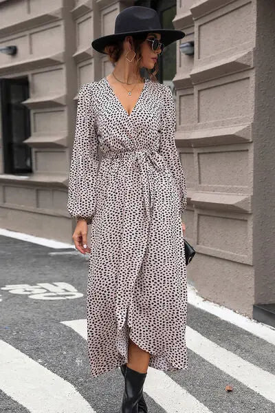 Blue Zone Planet |  Slit Printed Surplice Balloon Sleeve Dress BLUE ZONE PLANET