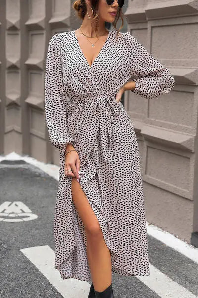 Blue Zone Planet |  Slit Printed Surplice Balloon Sleeve Dress BLUE ZONE PLANET