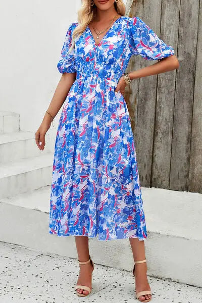 Blue Zone Planet |  Smocked Printed V-Neck Short Sleeve Dress BLUE ZONE PLANET