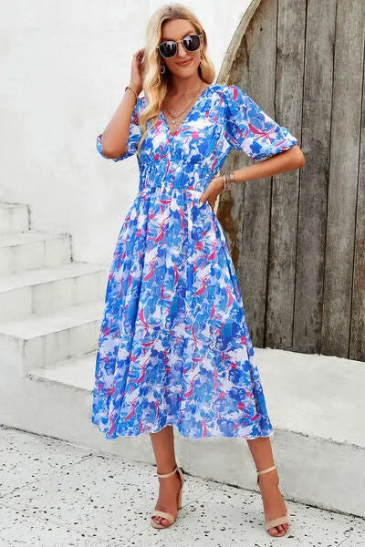 Blue Zone Planet |  Smocked Printed V-Neck Short Sleeve Dress BLUE ZONE PLANET