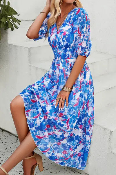 Blue Zone Planet |  Smocked Printed V-Neck Short Sleeve Dress BLUE ZONE PLANET