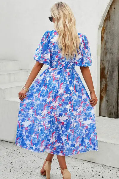 Blue Zone Planet |  Smocked Printed V-Neck Short Sleeve Dress BLUE ZONE PLANET
