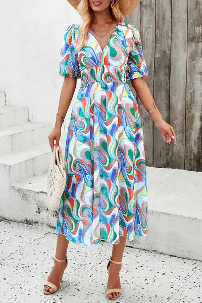 Blue Zone Planet |  Smocked Printed V-Neck Short Sleeve Dress BLUE ZONE PLANET