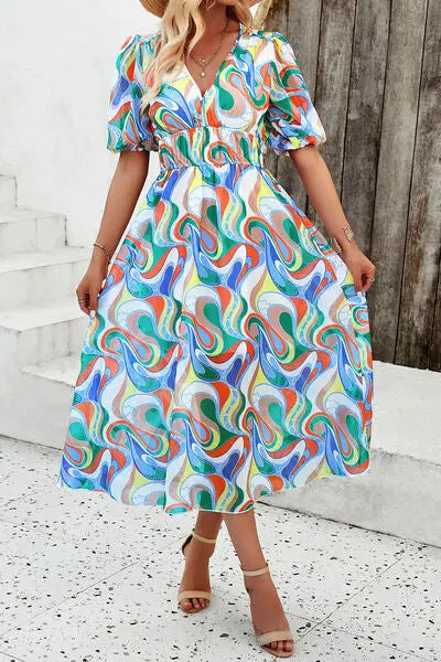 Blue Zone Planet |  Smocked Printed V-Neck Short Sleeve Dress BLUE ZONE PLANET